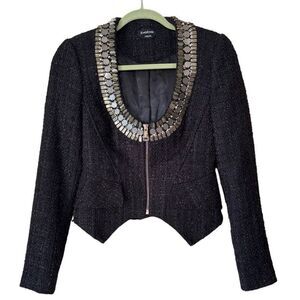 Bebe Vintage Women's Beaded Black & Gold Fitted Tweed Zip Up Blazer Size 6